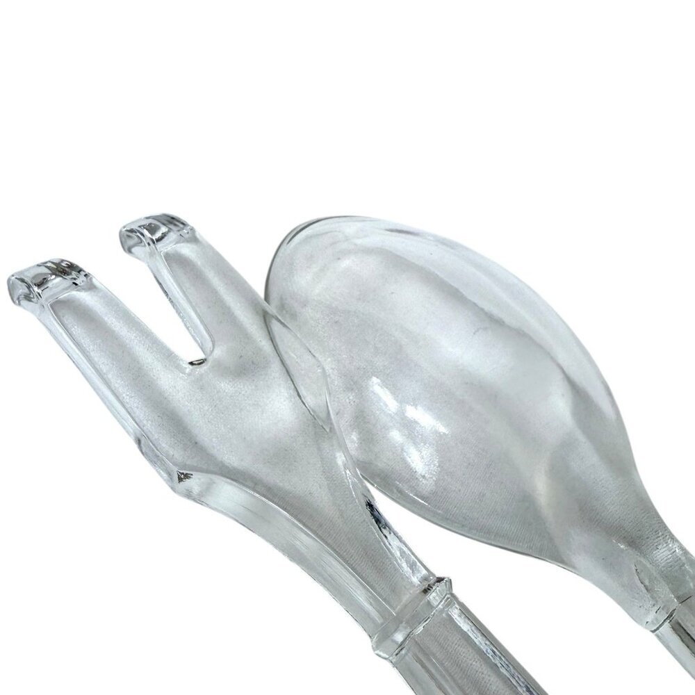 Vintage Clear Glass Salad Server Set Fork and Spoon 10 Inch - Picture 6 of 8